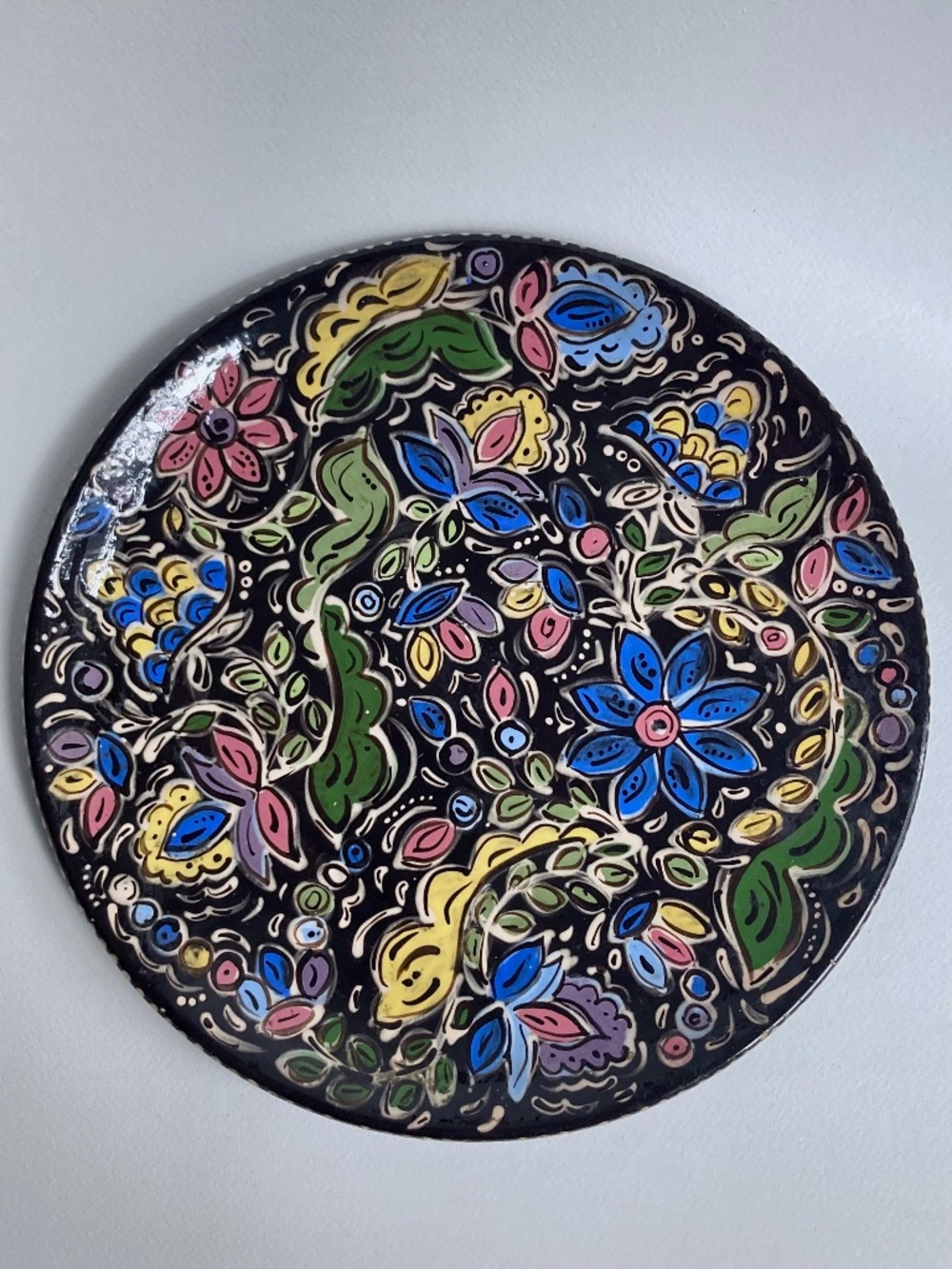 Hand Painted Black Floral Ceramic Serving Plate by Sophia, 1990